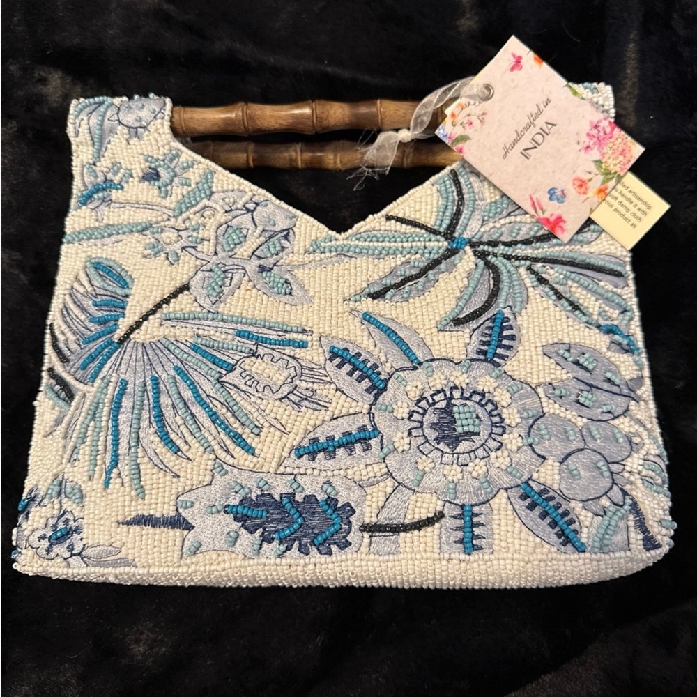 Embroidered Beaded White & Blue Bamboo Handle Bag -